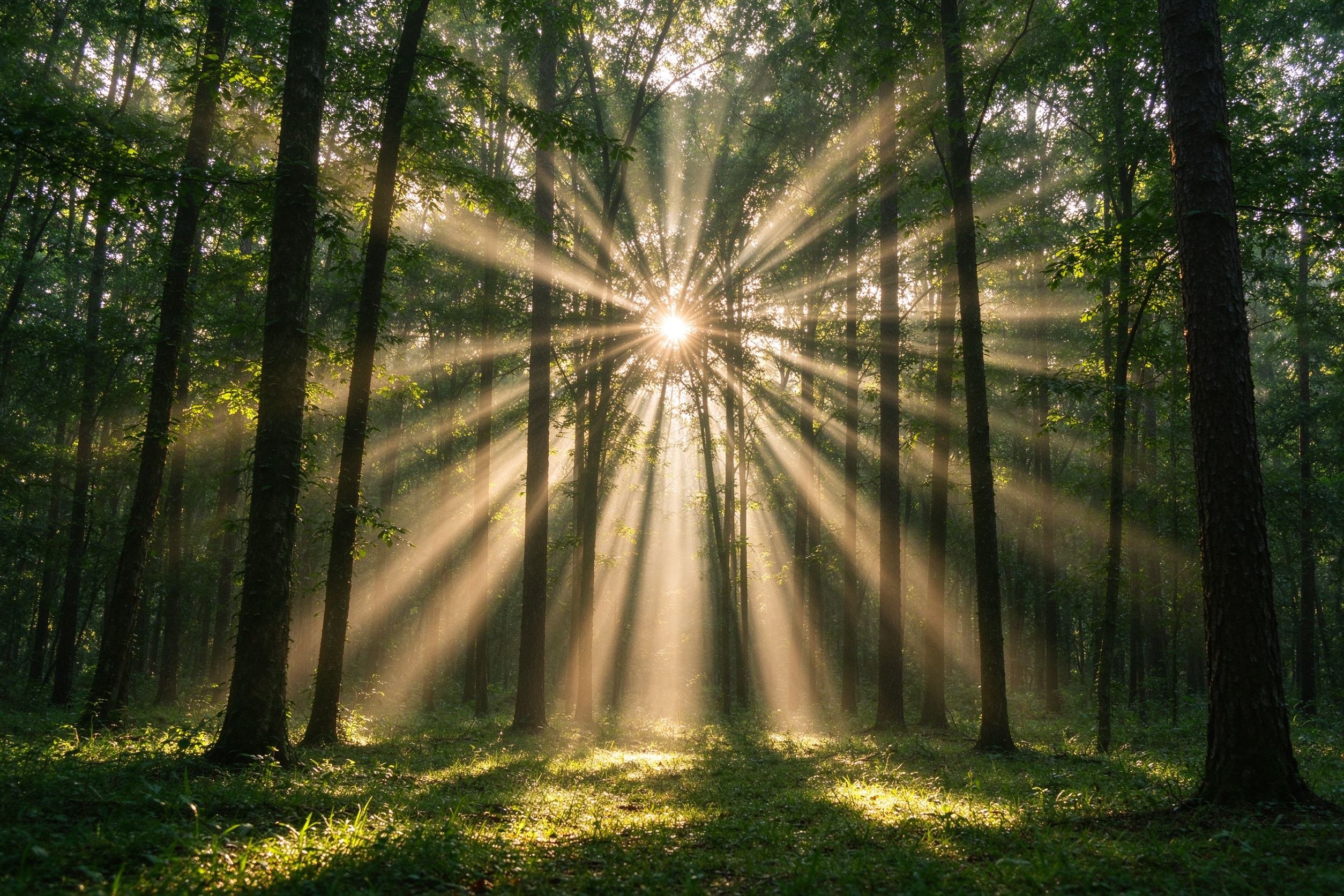 Sun rays through a forest